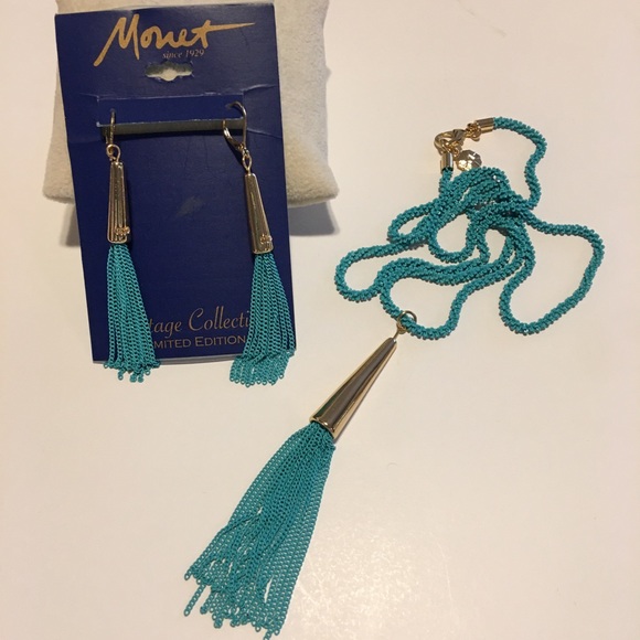 Monet Jewelry - Monet Turquoise & Gold Tassel Necklace & Earrings